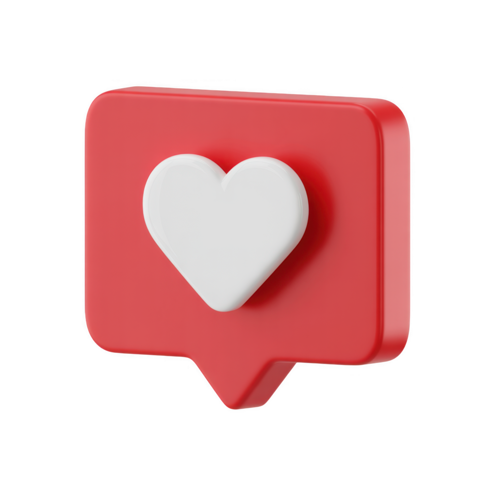 A 3d rendering of a red speech bubble with a white heart icon, symbolizing likes and notifications on social media isolated on transparent background png