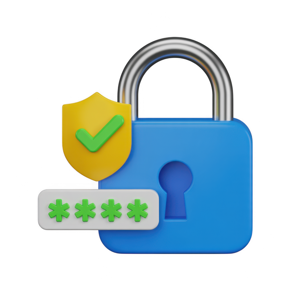 Padlock with shield and password isolated on transparent background represents security, protection, and safe access to data and information png