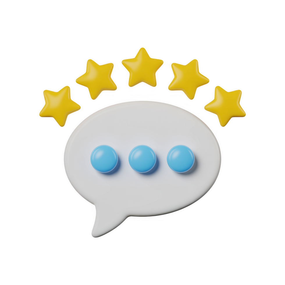 3d rendering of a speech bubble with five stars, representing customer reviews and feedback isolated on transparent background png