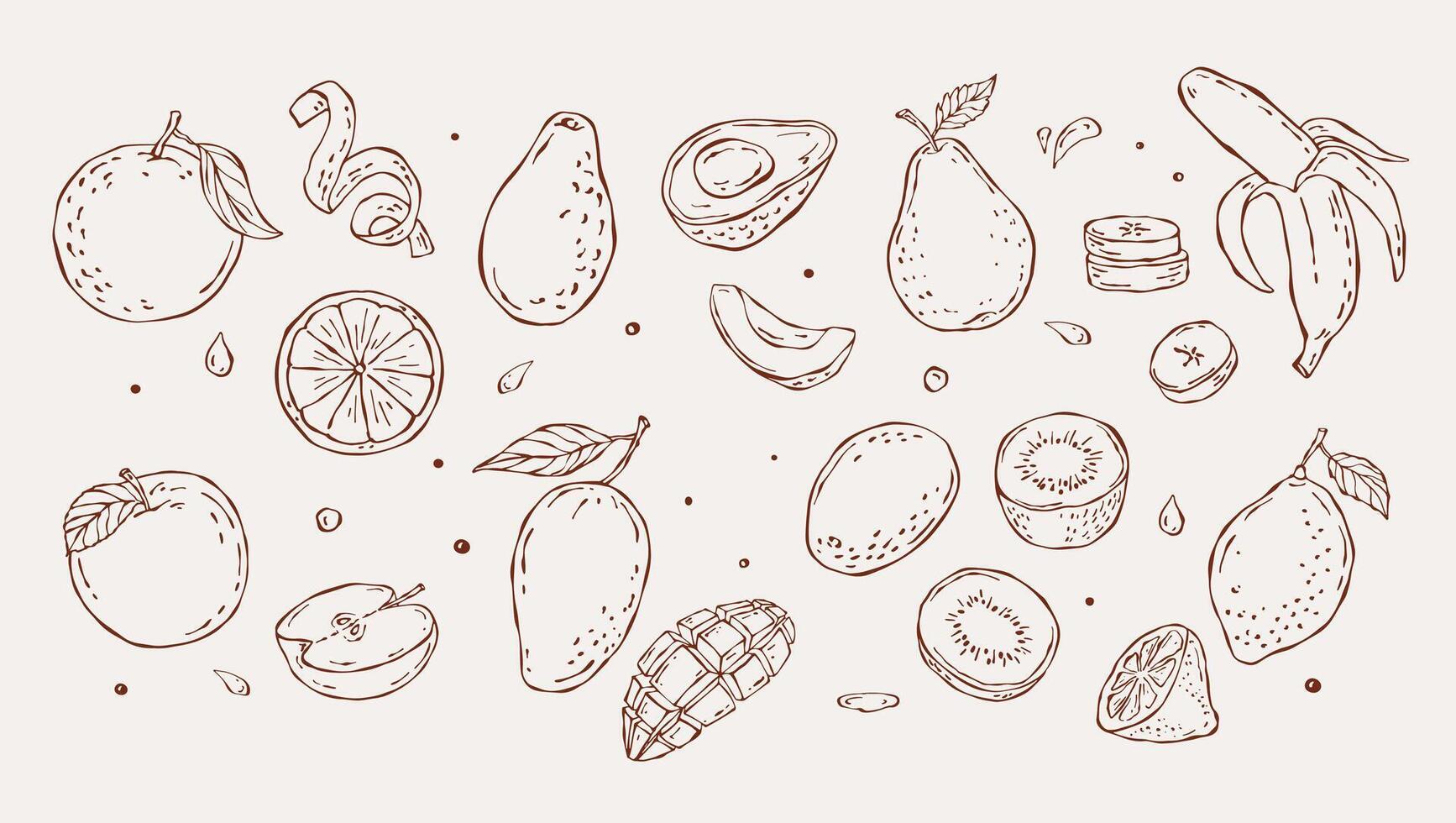 Hand-drawn sketch set of fruits. Includes orange, avocado, pear, apple, lemon, mango, kiwi, and banana in a minimal doodle style, perfect for fresh designs vector