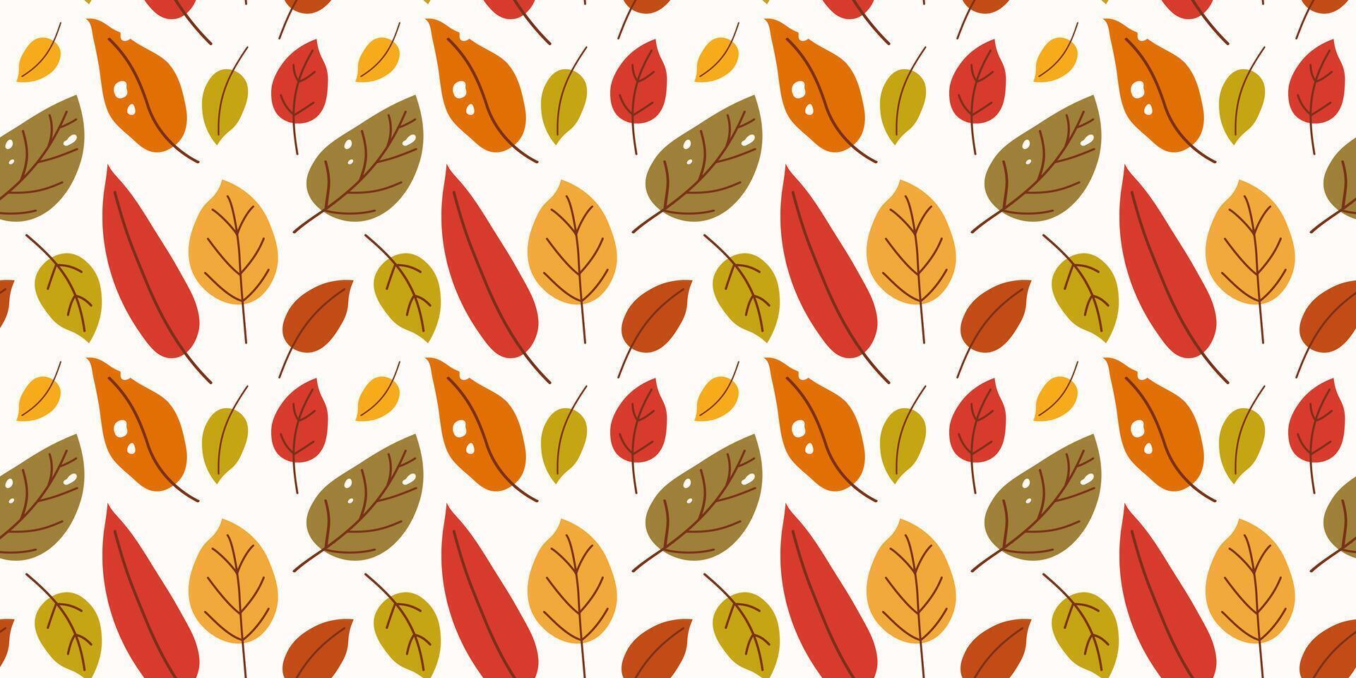 Rectangular falling seamless pattern with different multicolored single leaves. Hand drawn flat illustration. Cute design for background, fabric print, scrapbooking, packaging, wallpaper. vector