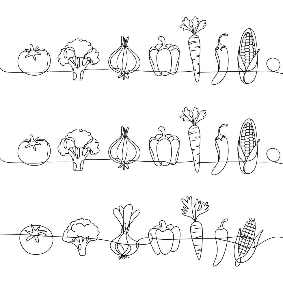 Three rows of continuous line vegetable illustrations vector