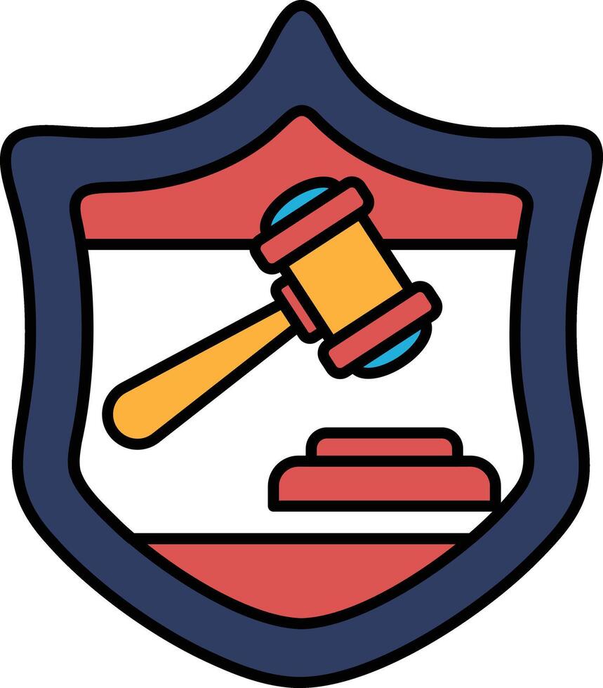 A black and white drawing of a shield with a gavel and a judge's bench vector