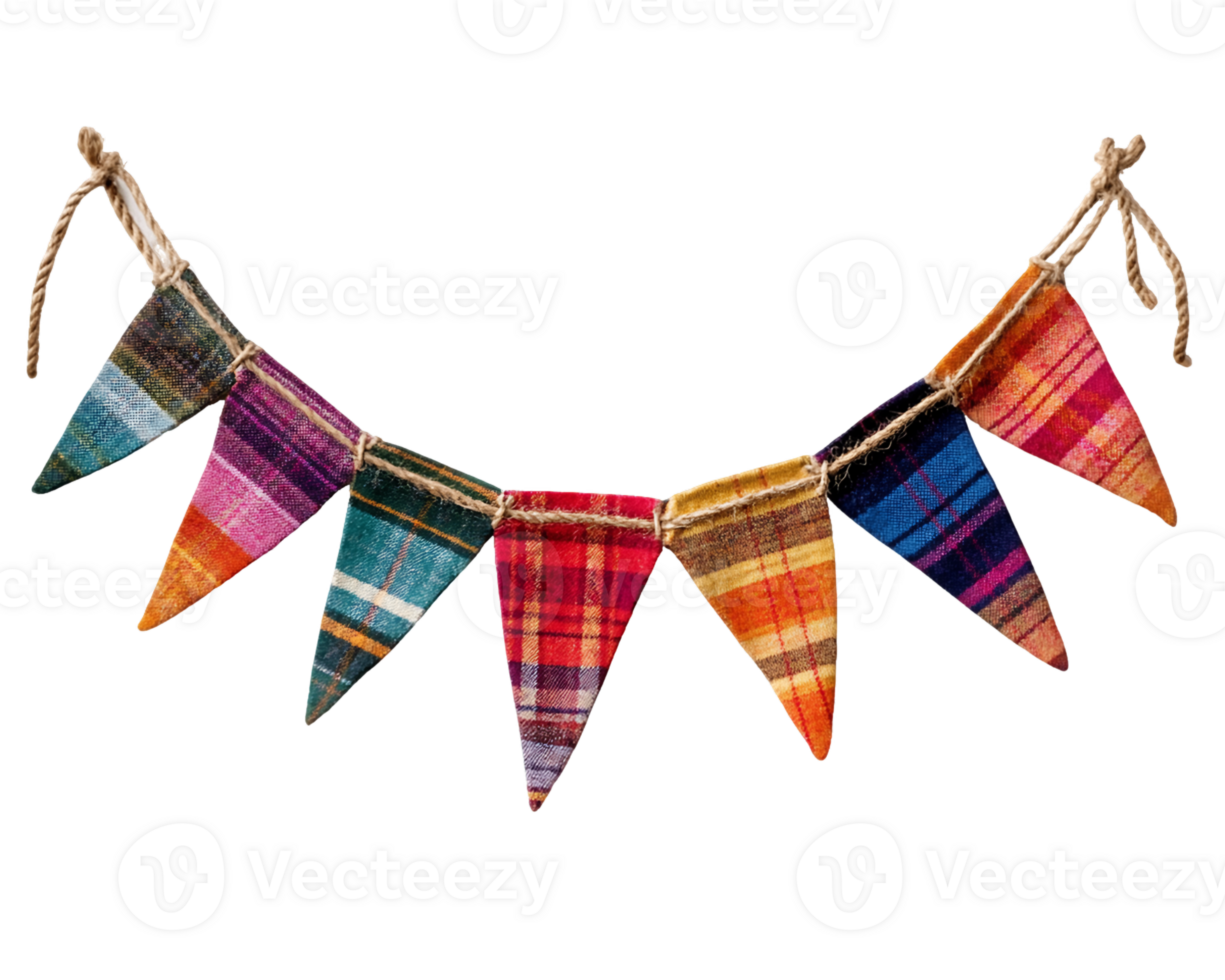 Colorful Triangular Bunting Flags with Plaid Patterns on Jute String png
