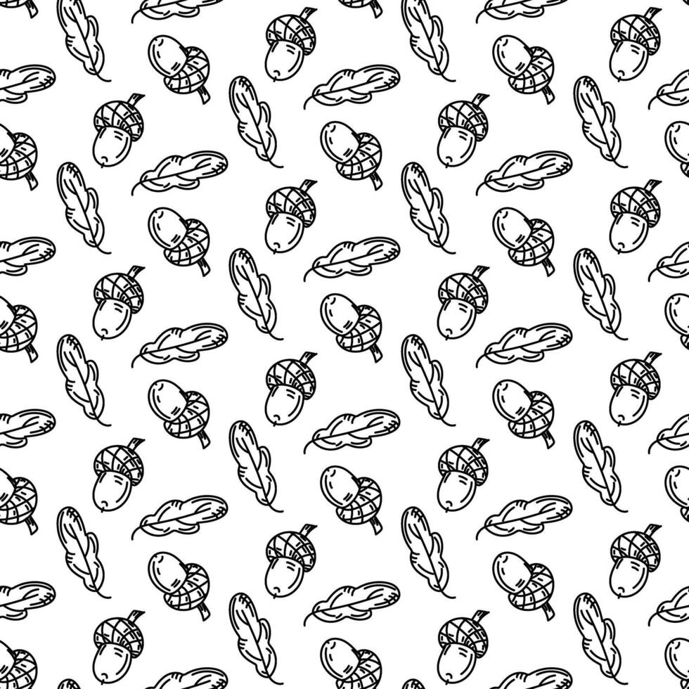 Pattern of leaves and branches with acorns. Acorns with leaves. Randomly. Graphics, engraving, and shading in a seamless texture. Black ink, marker. Forest, nature, recreation vector