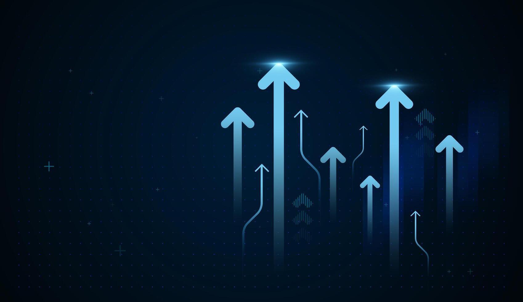 Upward Finance and Business Arrows on dark gradient background, A dynamic and modern infographic background featuring a cluster of glowing dark blue arrows trending vector