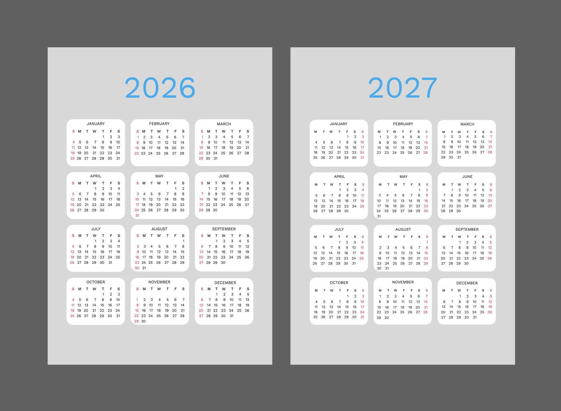 Vertical simple calendar for 2026 and 2027 Week starts on Monday Vertical simple calendar for 2026 and 2027 Week starts on Monday