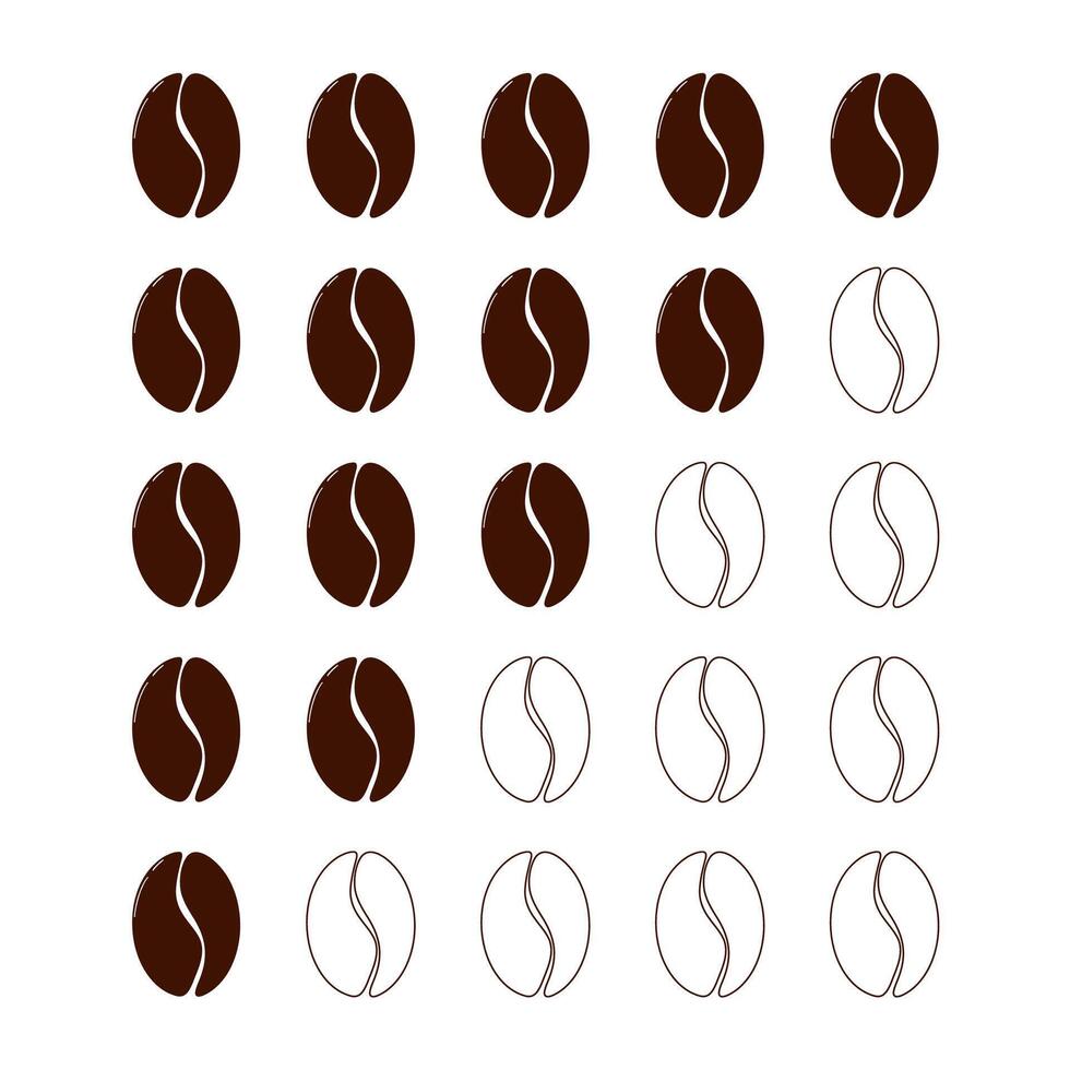 Coffee bean intensity roast level measure, strength light medium or dark scale. Set minimal indicator, coffee beans frying. Different brew. vector