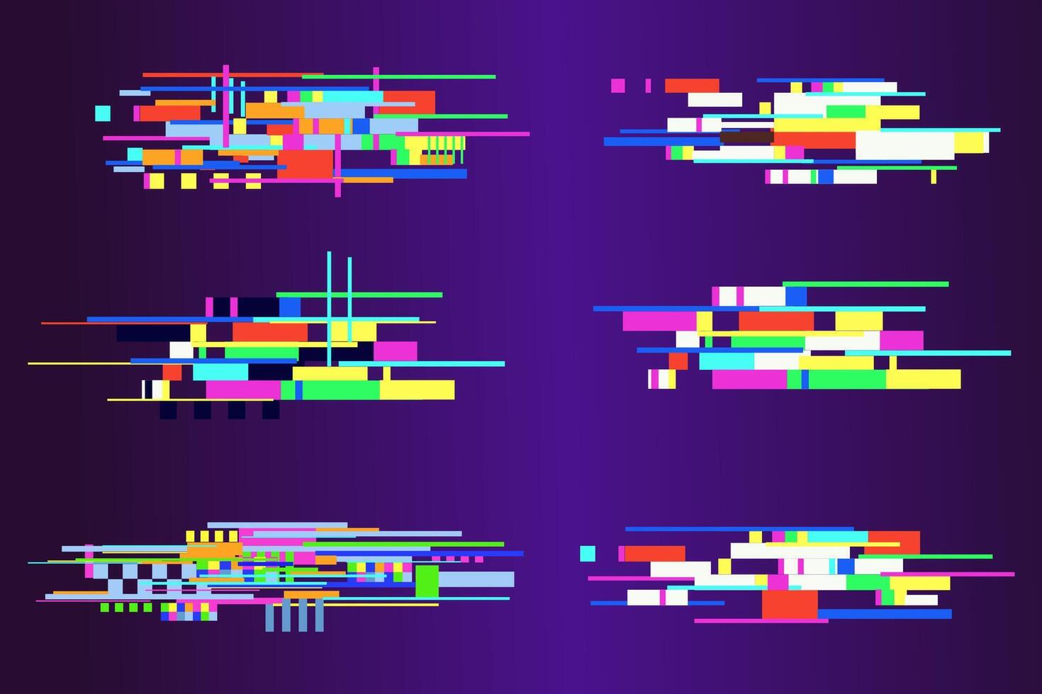 Glitch set pixel screen noice effect. Futuristic grain damage geometric grunge design element. Disintegration techno computer screen error templates. vector