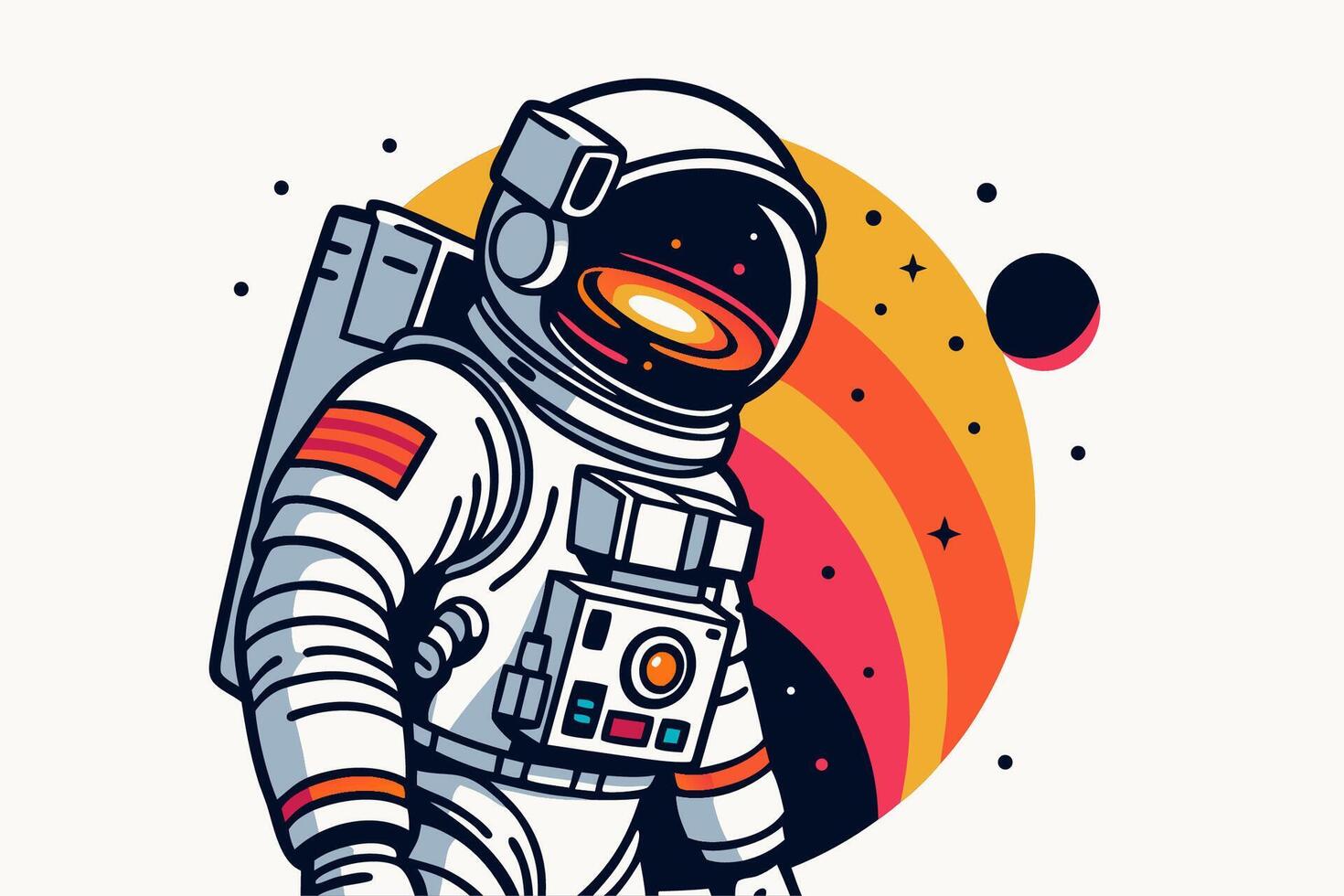Astronaut floating with a rainbow planet and cosmic splash vector