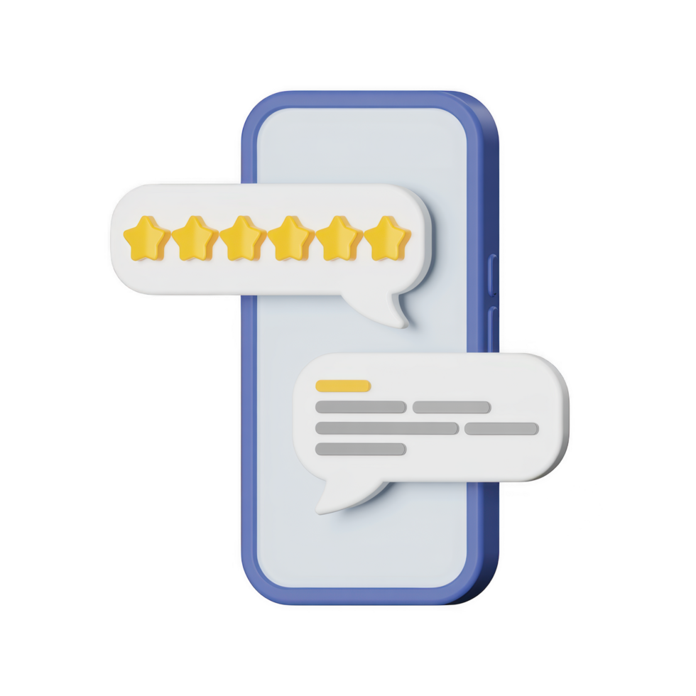 3d rendering of a smartphone with speech bubbles showing star ratings and text, representing customer feedback and online reviews isolated on transparent background png