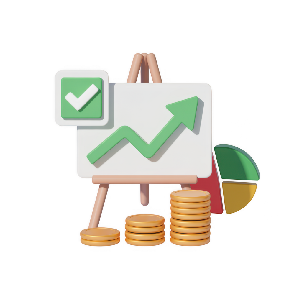 3d rendering of a business growth chart with coins and pie chart, representing financial success and investment isolated on transparent background png