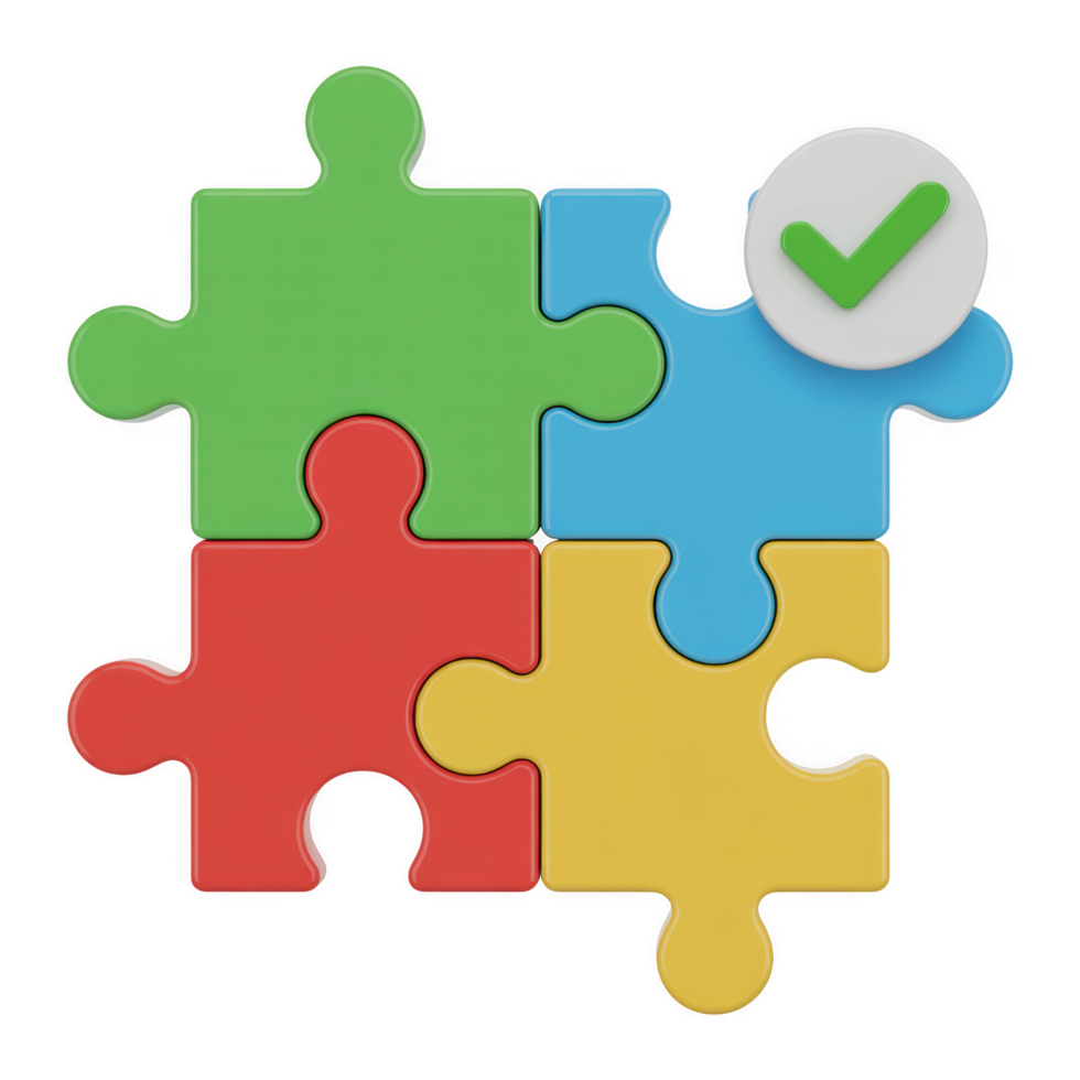 Colorful puzzle pieces with check mark isolated on transparent background, symbolizing teamwork, problemsolving, and successful completion of task png
