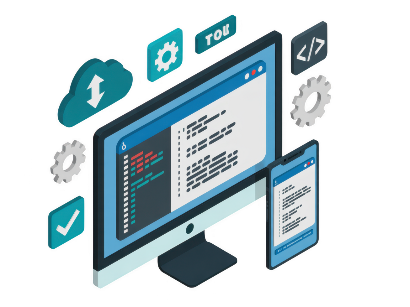 isometrico illustrazione di Software sviluppo processi su computer e mobile Telefono isolato su trasparente sfondo png