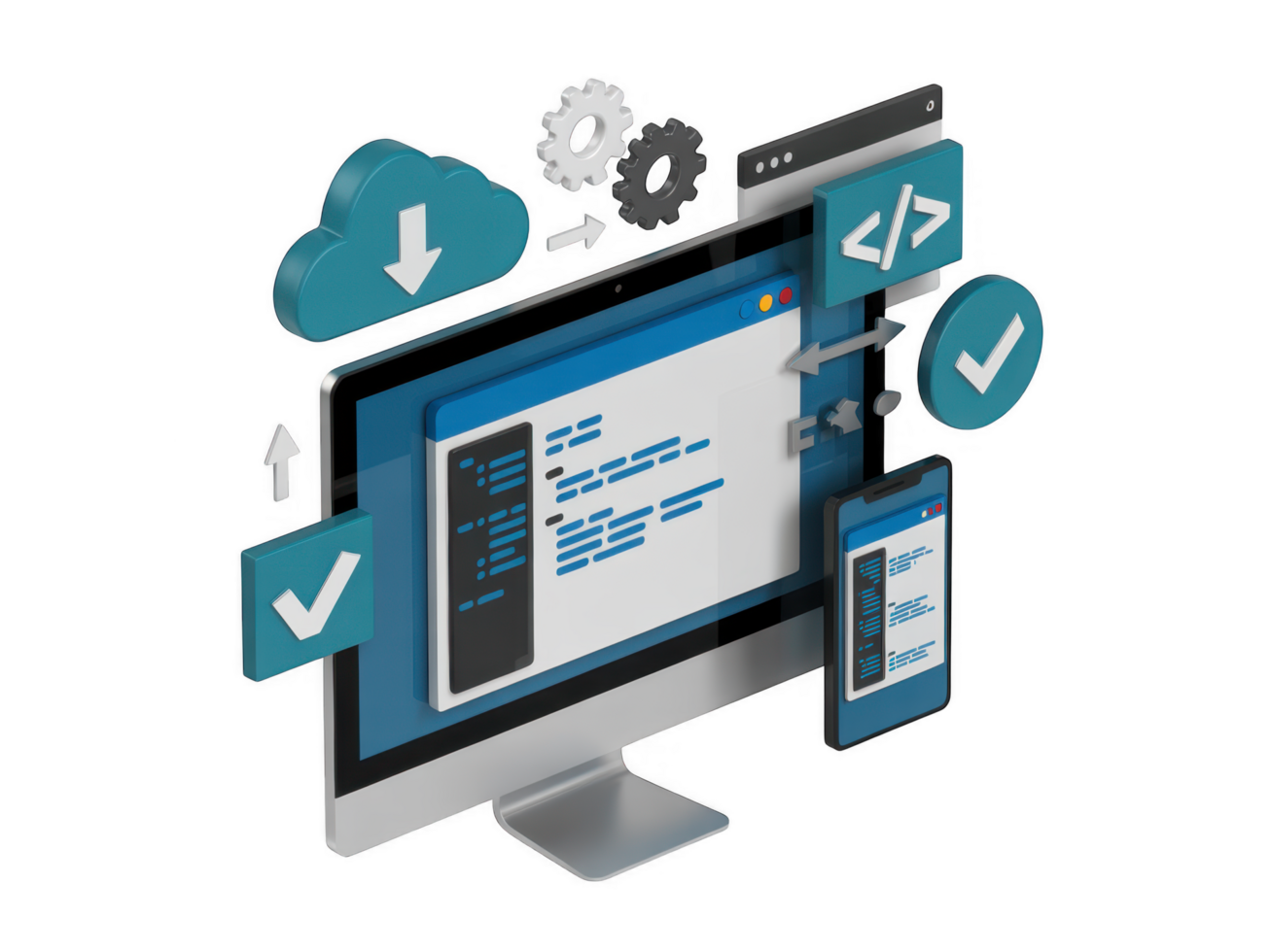 Software development and coding on computer with cloud and mobile phone isolated on transparent background for technology and internet png