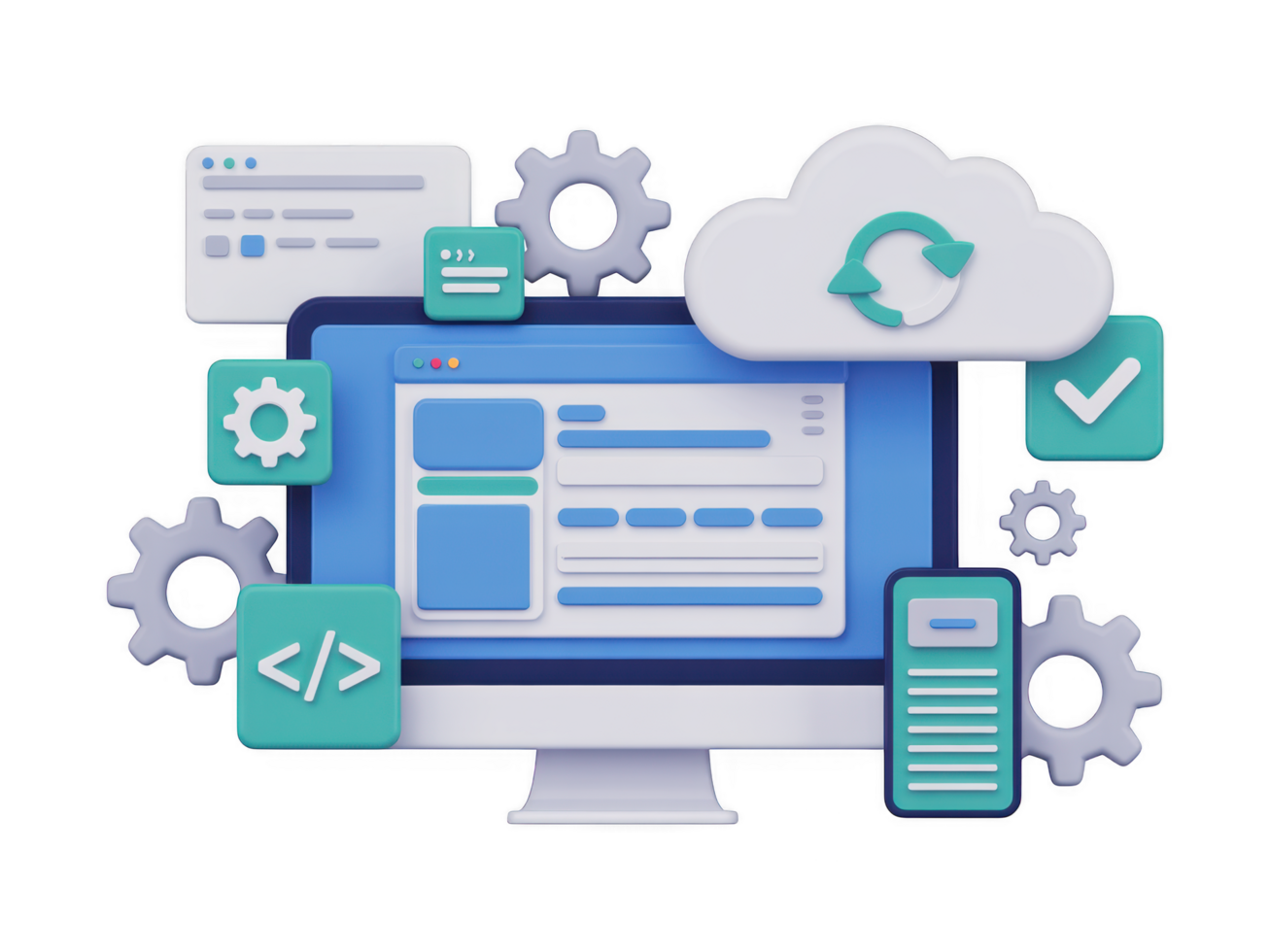 ein 3d machen von ein Computer mit Wolke, Getriebe, Code, und andere Symbole isoliert auf transparent Hintergrund, Darstellen Software Entwicklung png