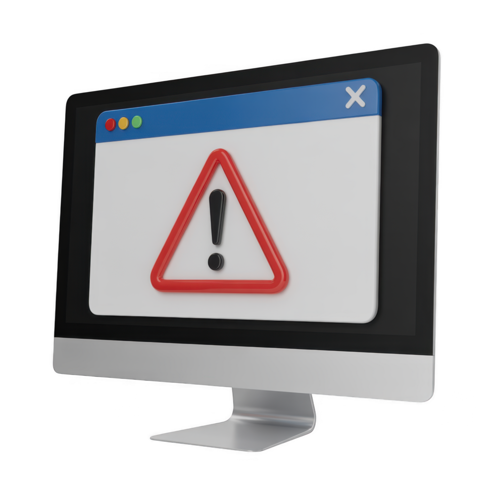 A 3d rendering of a computer monitor displaying an alert sign, isolated on transparent background, indicating a potential problem or error png