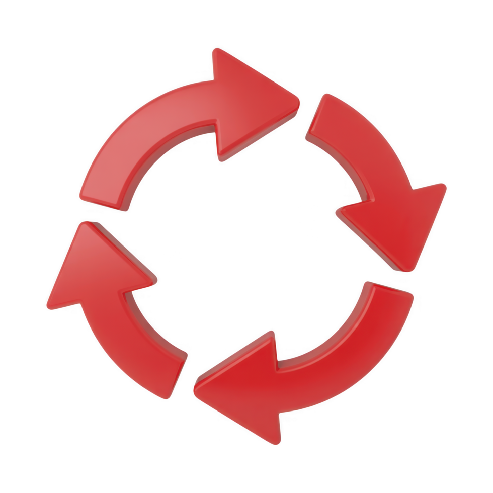 Red circular arrows rotating in a loop isolated on transparent background, representing recycling, refresh, or continuous process flow concept png