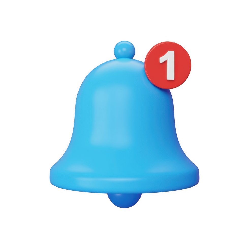 Blue notification bell with a red circle and the number one isolated on transparent background to indicate a new message or alert png