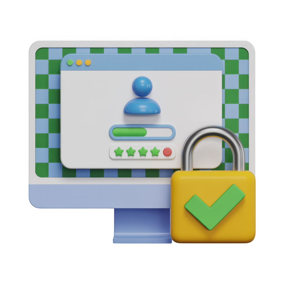 uma 3d Renderização do uma seguro computador sistema com uma cadeado isolado em transparente fundo, garantindo dados proteção e conectados privacidade png