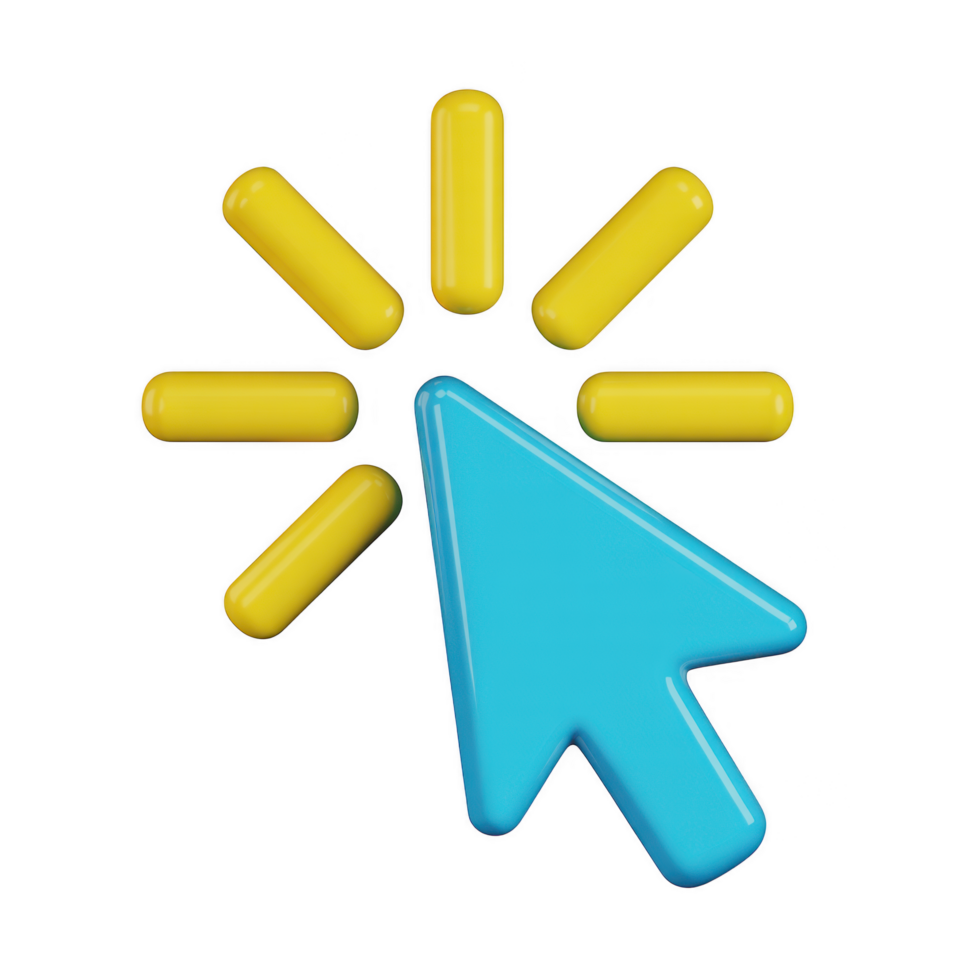 Blue cursor arrow clicking with yellow light rays, representing digital interaction and selection isolated on transparent background png