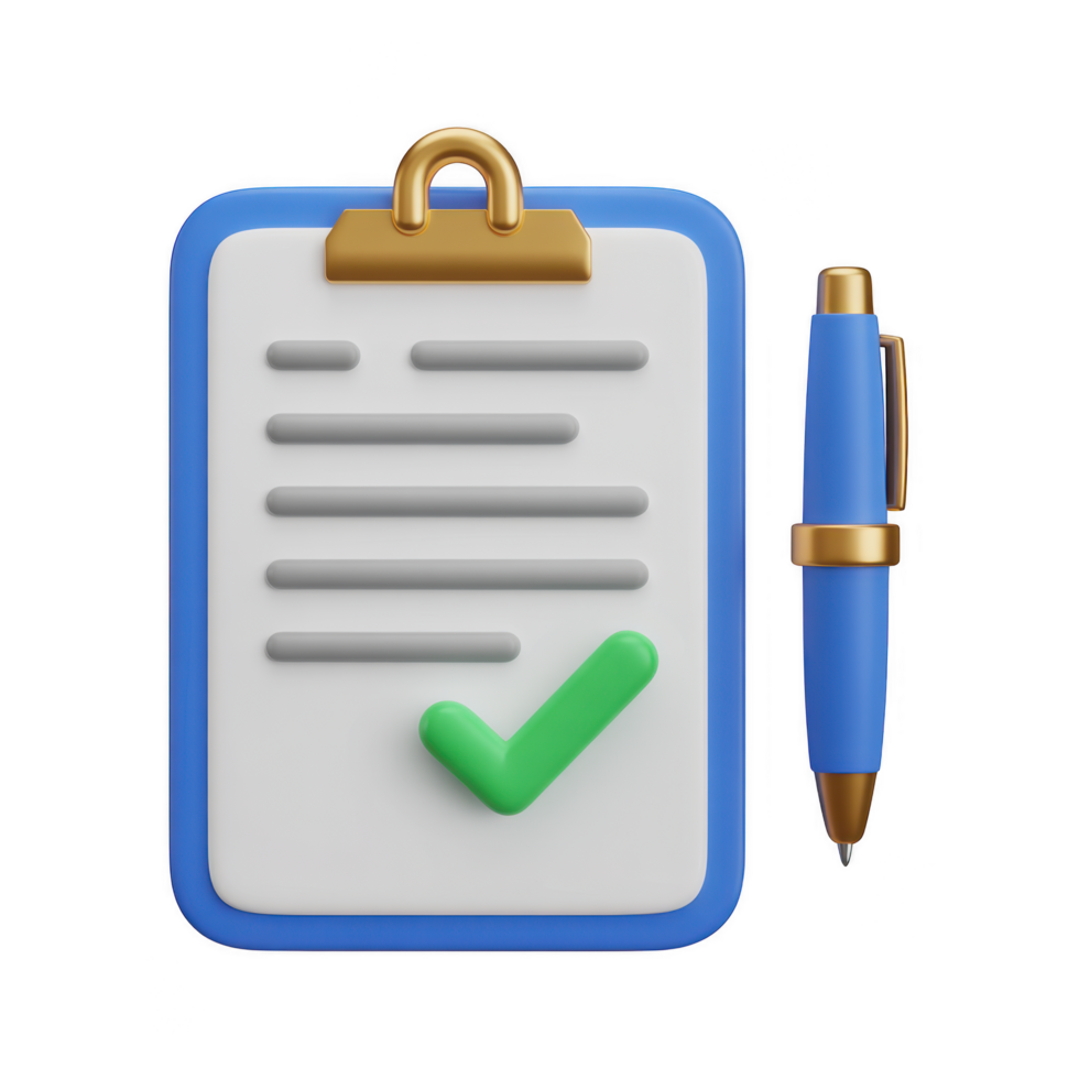 Clipboard with check mark and pen isolated on transparent background, representing task management and document approval in business png