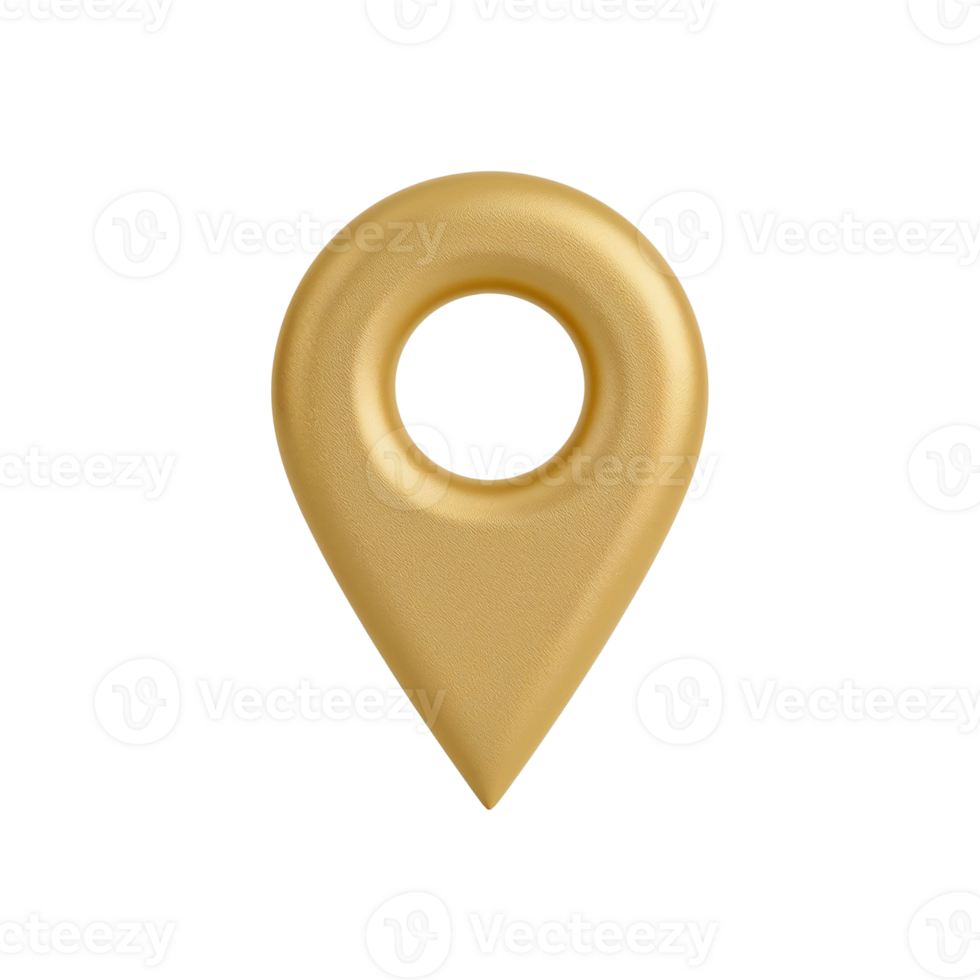Gleaming golden map pointer marking a precise spot isolated on a transparent surface with a clean png
