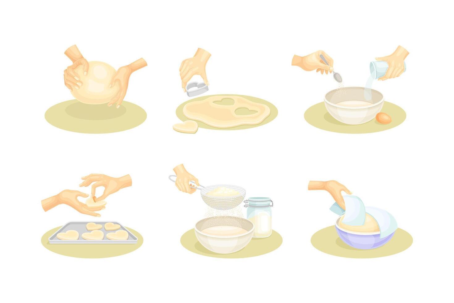 Hands Kneading Dough with Sieve and Shape Preparing Homemade Cookie as Baking and Pastry Making Set vector