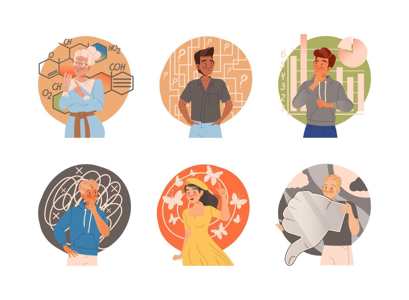 People with Different Types of Thinking with Positive, Negative and Analytical Mental Mindset Set vector