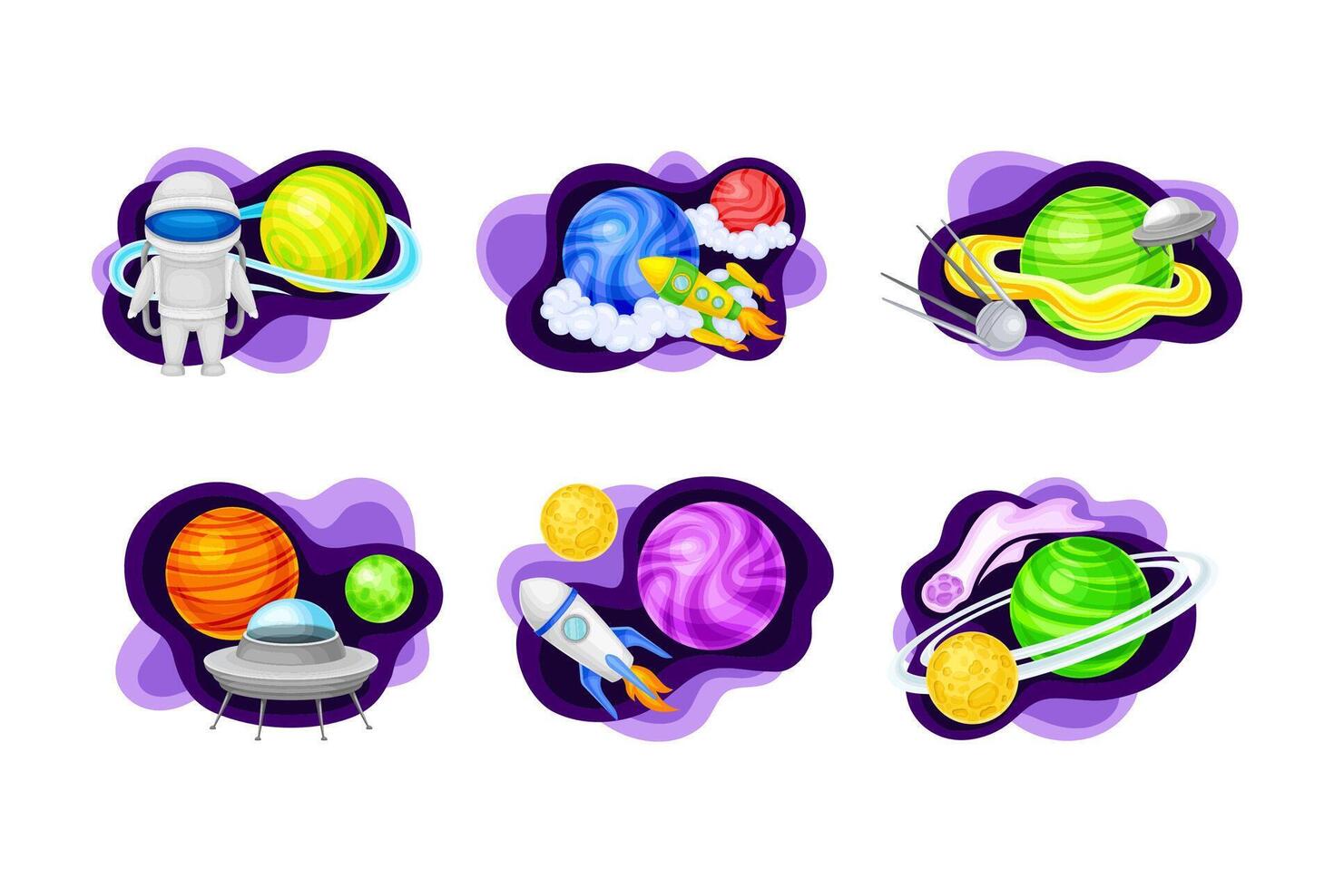 Space objects set. Astronaut, rocket, satellite, ufo spaceship, planet cartoon illustration vector