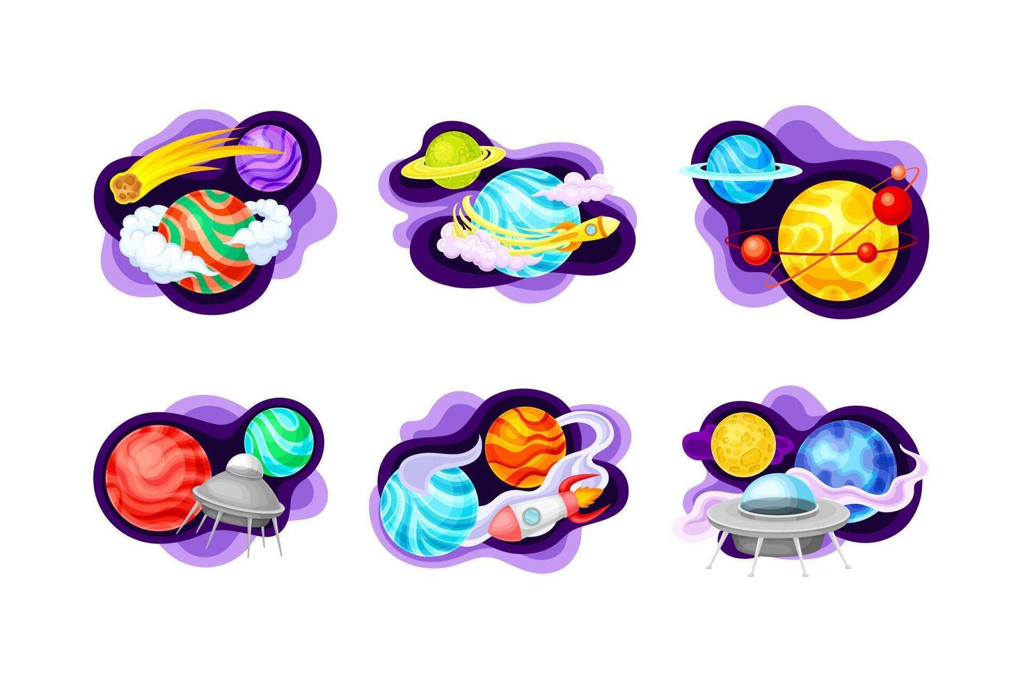 espacio objetos colocar. planetas, OVNI astronave, meteorito dibujos animados ilustración vector