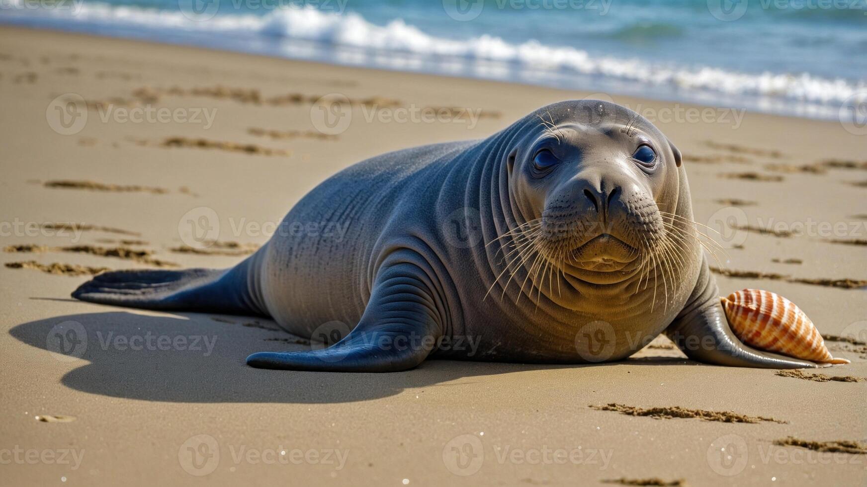 Seal resting on a sandy beach with a shell beside it, waves gently lapping in the background photo