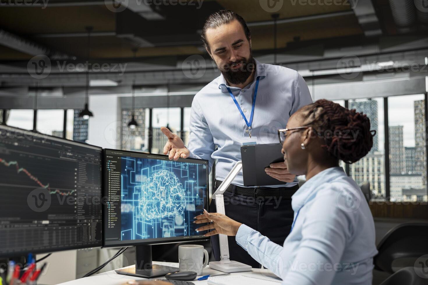 Smiling manager pleased by trader running AI technology on computer to do automated trading. Happy supervisor satisfied with worker applying deep learning algorithms to analyze complex market data photo