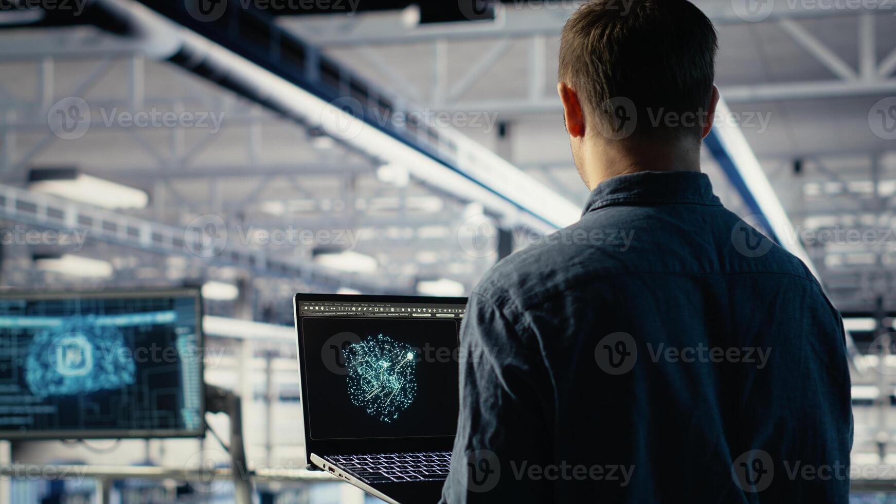 Data center admin using AI LLM chatbot suggestions to improve rigs processing speed and efficiency. Server hub worker using large language model to support artificial intelligence workloads, camera B photo