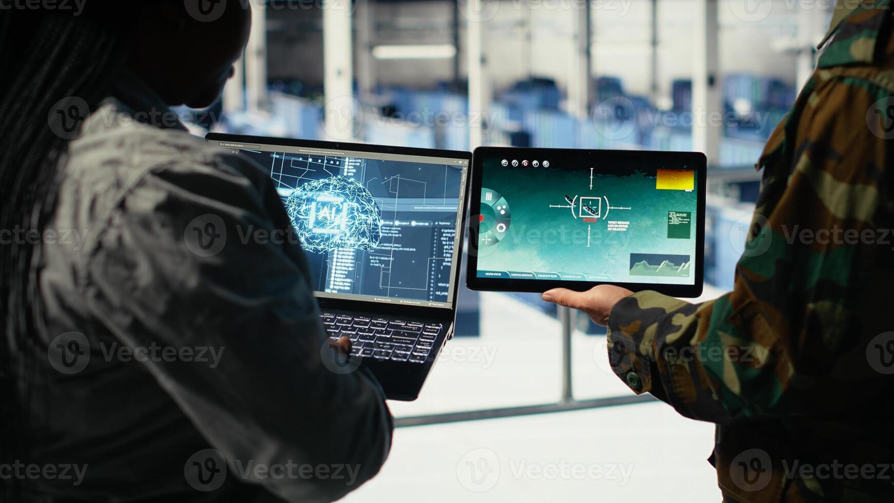 Close up of army general and coworker in data center integrating AI into radar systems for missile tracking. Teamworking soldier and technician in server hub analyzing aerial movement on device, camera B photo