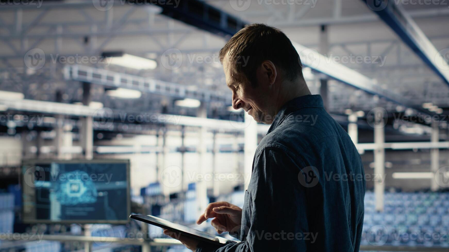 Jolly IT professional monitors server room activity using tablet in facility. Happy data center technician reviews rigs tests results with device to ensure systems are working correctly, camera B photo