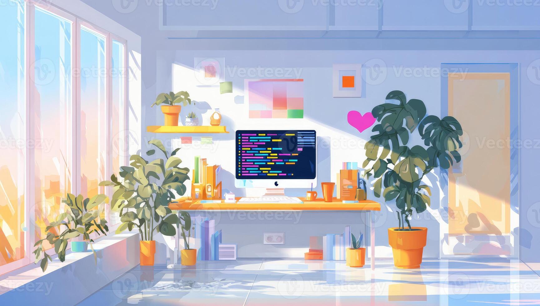 A computer desk with a computer and a plant photo