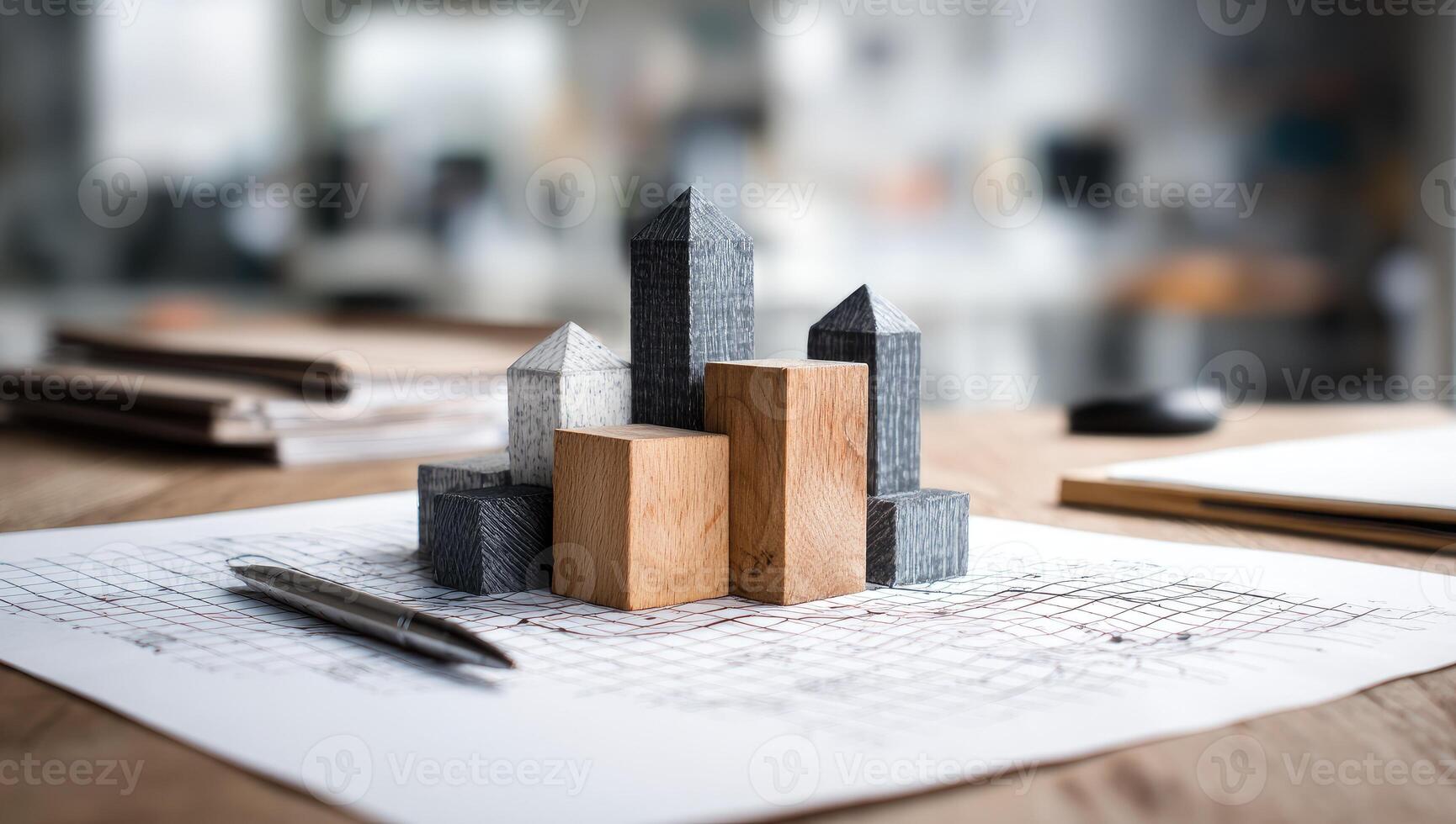 Building blocks on a desk with a pen and paper photo
