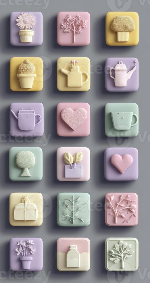 A set of different colored squares with different objects photo