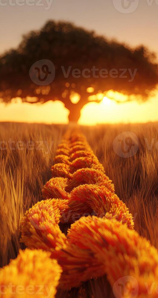 A long rope is tied to a tree in the middle of a field photo