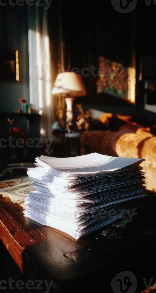 A pile of papers on a table in front of a couch photo