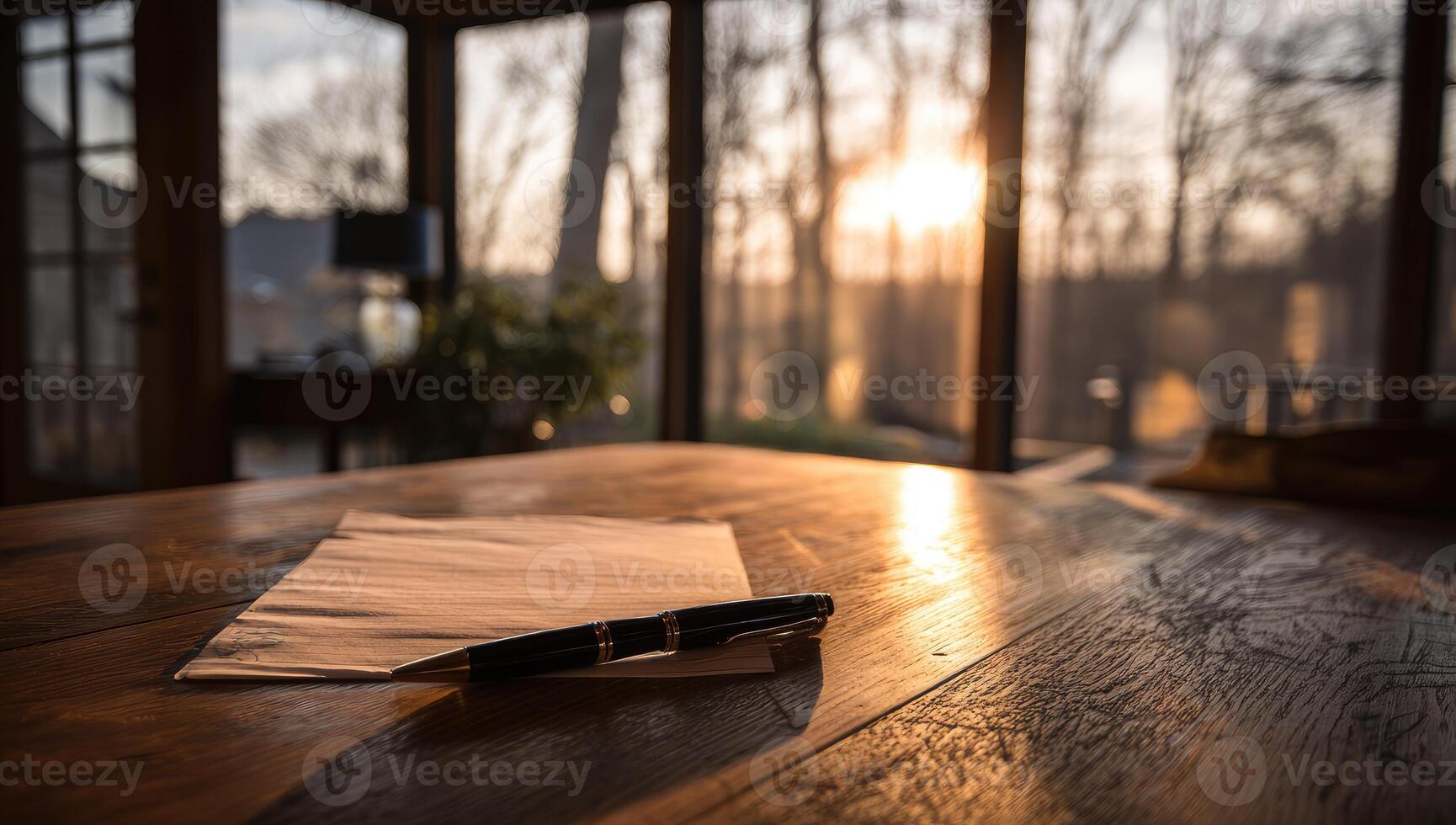 A pen and paper on a table in front of a window photo