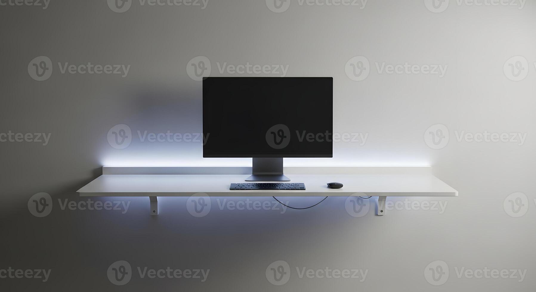 Modern Minimalist Home Office Setup with LED Lighting Computer Keyboard and Mouse on White Shelf photo