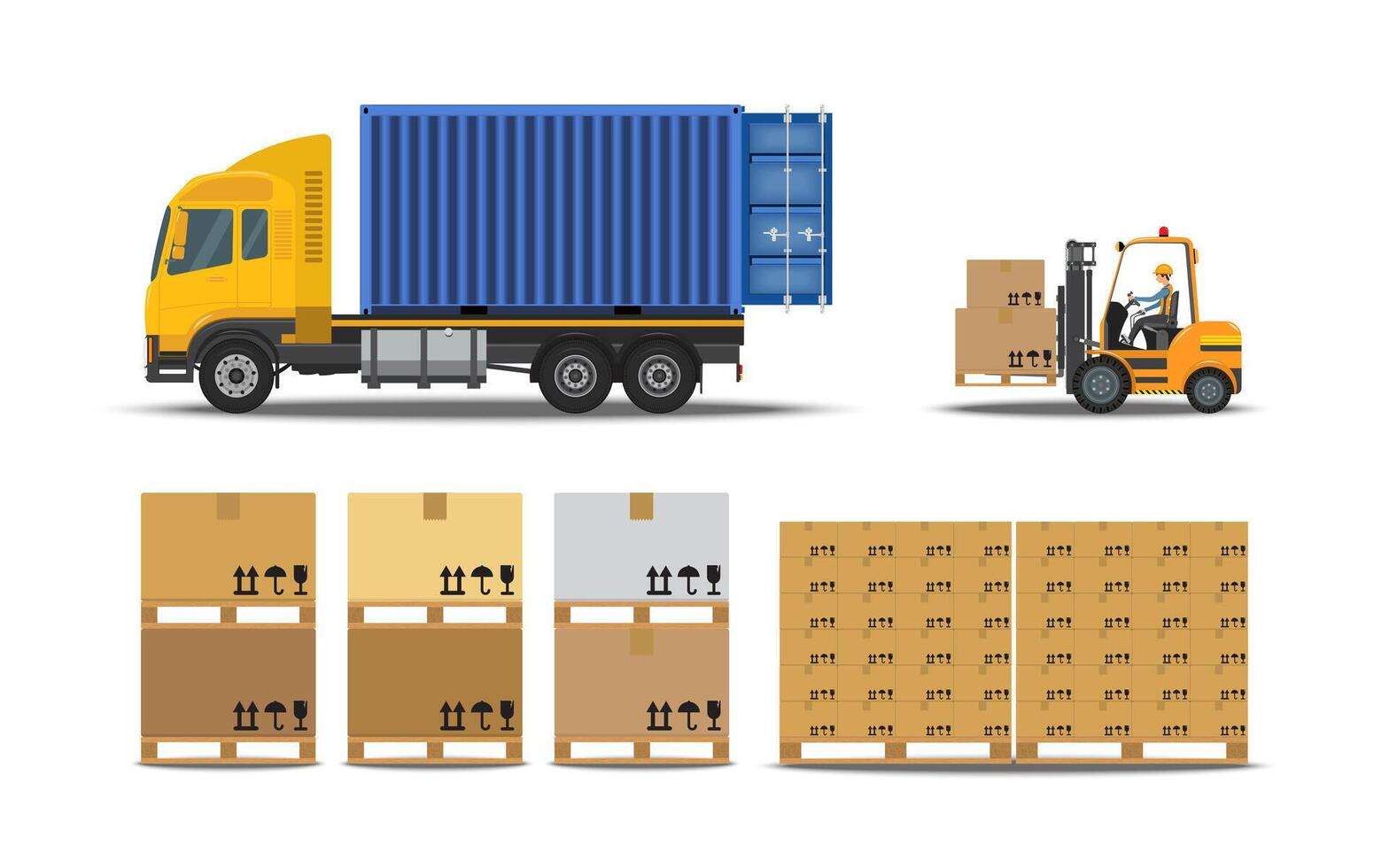 Workers are loading large boxes of goods into a container with a forklift on white background. illustration EPS 10. vector