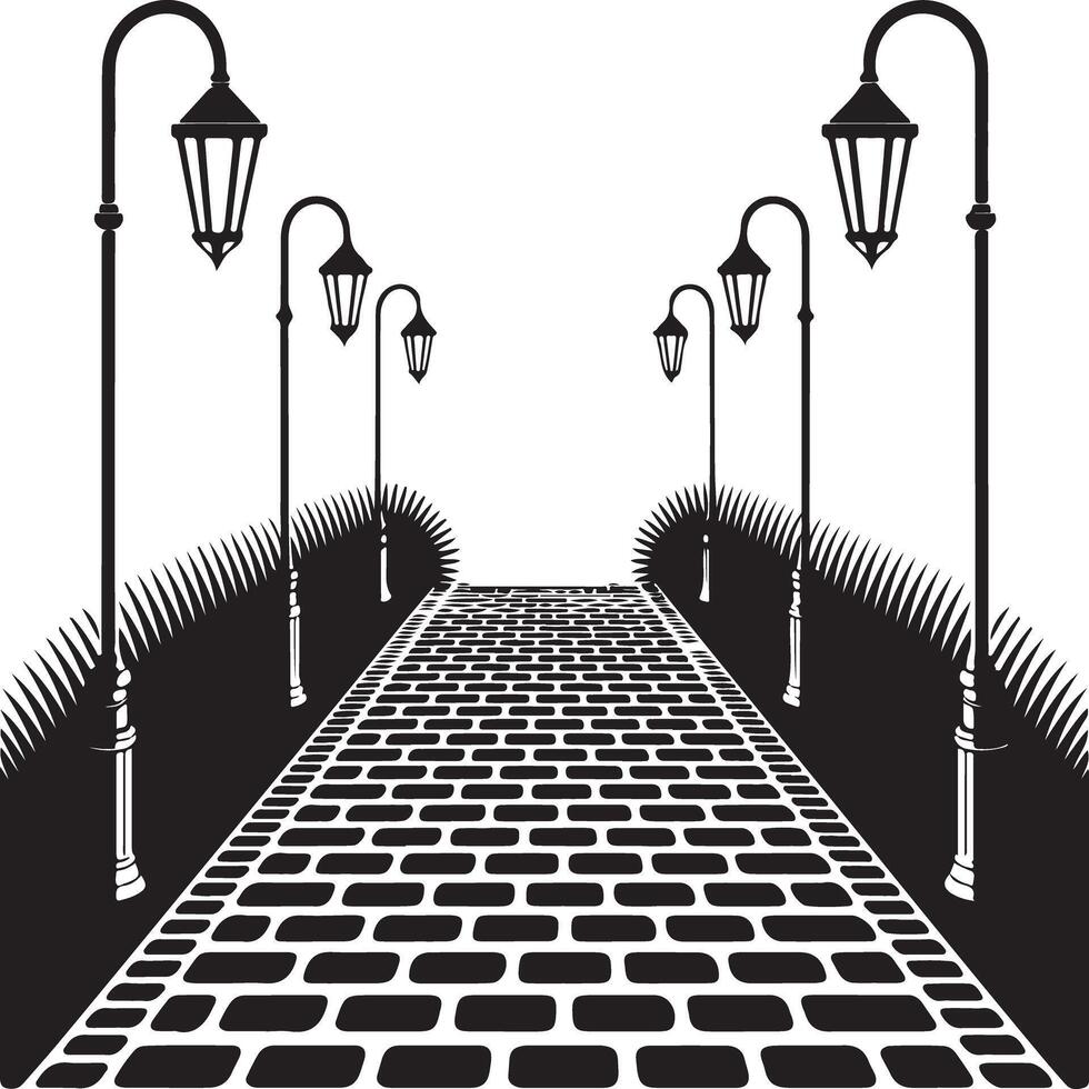 Perspective view of a cobblestone path with streetlights silhouette isolated on white background vector