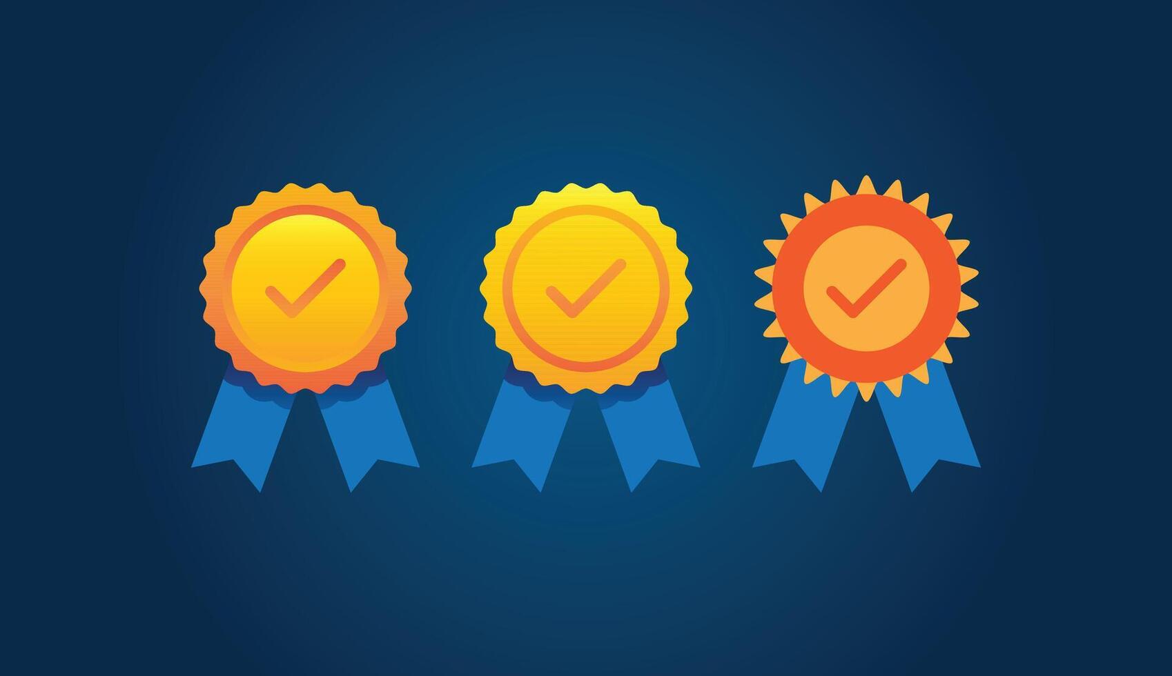 Award-winning illustration of three golden badges with checkmarks on a dark blue background. Perfect for achievement, quality, guarantee, or certification concepts. Suitable for web vector