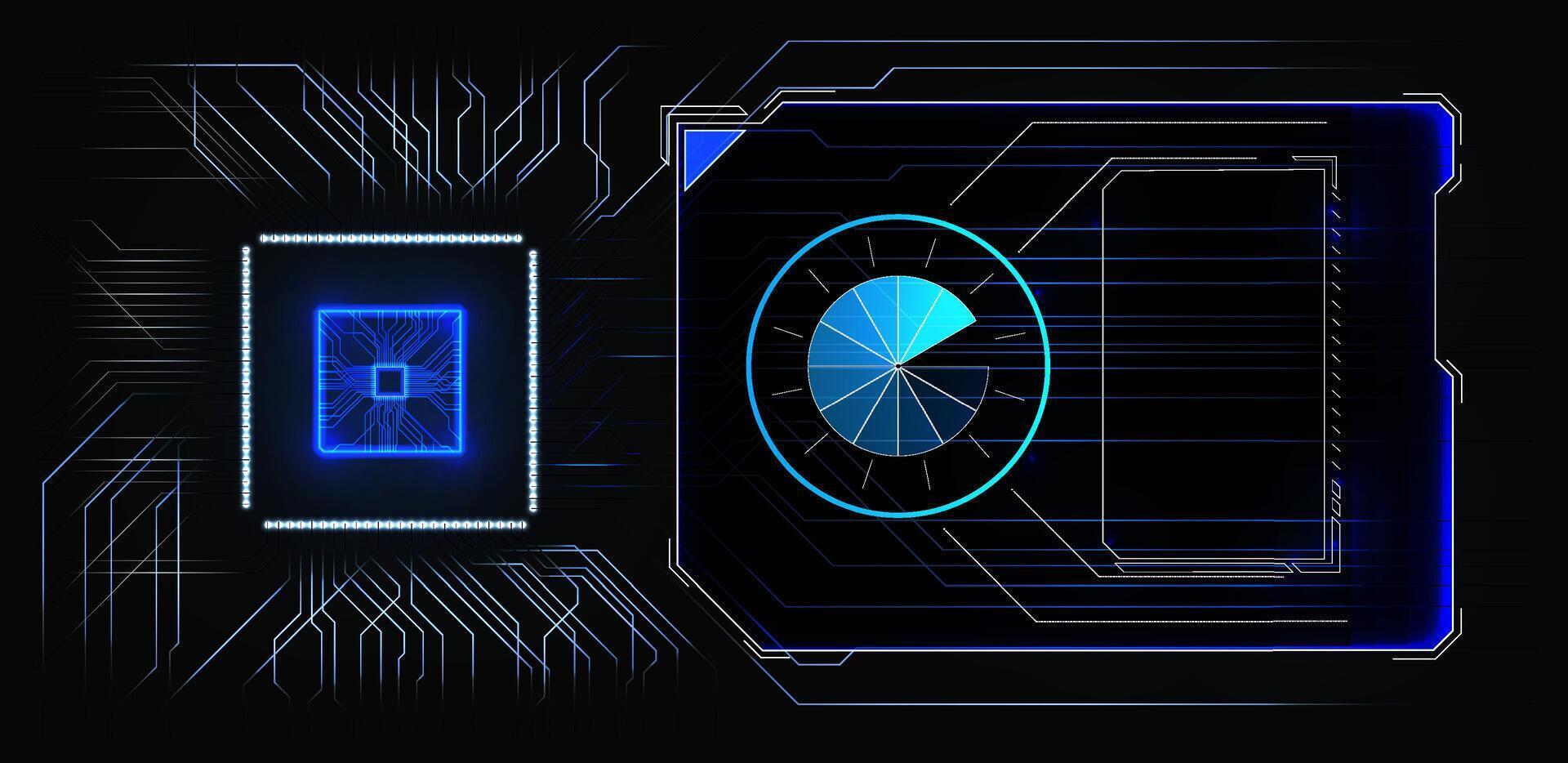 A futuristic digital circuit design features a blue processor graphic alongside a pie chart. This composition represents technology, data processing, and modern electronics in a sleek format. vector