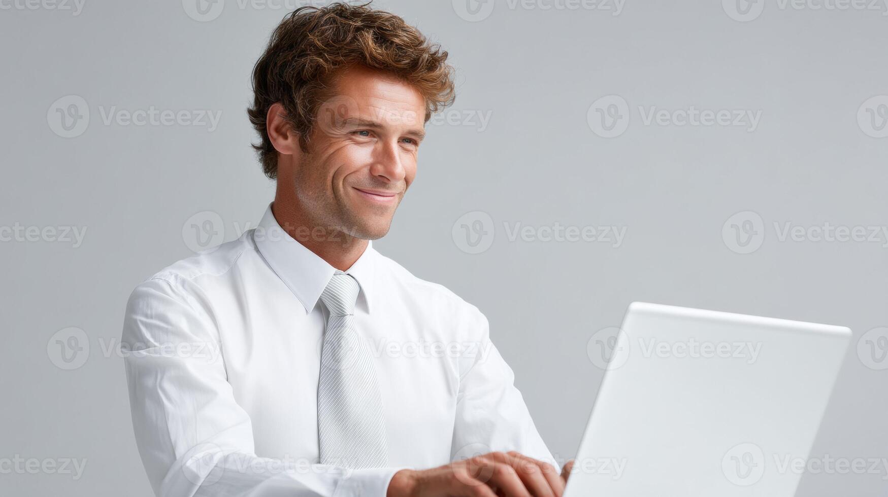 Happy business person using technology in corporate setting with old, bank, computer photo