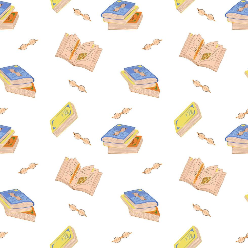 Cute seamless pattern with books, stacks of books, open book, glasses, hand drawn on white background. Cozy autumn pattern for book lovers vector