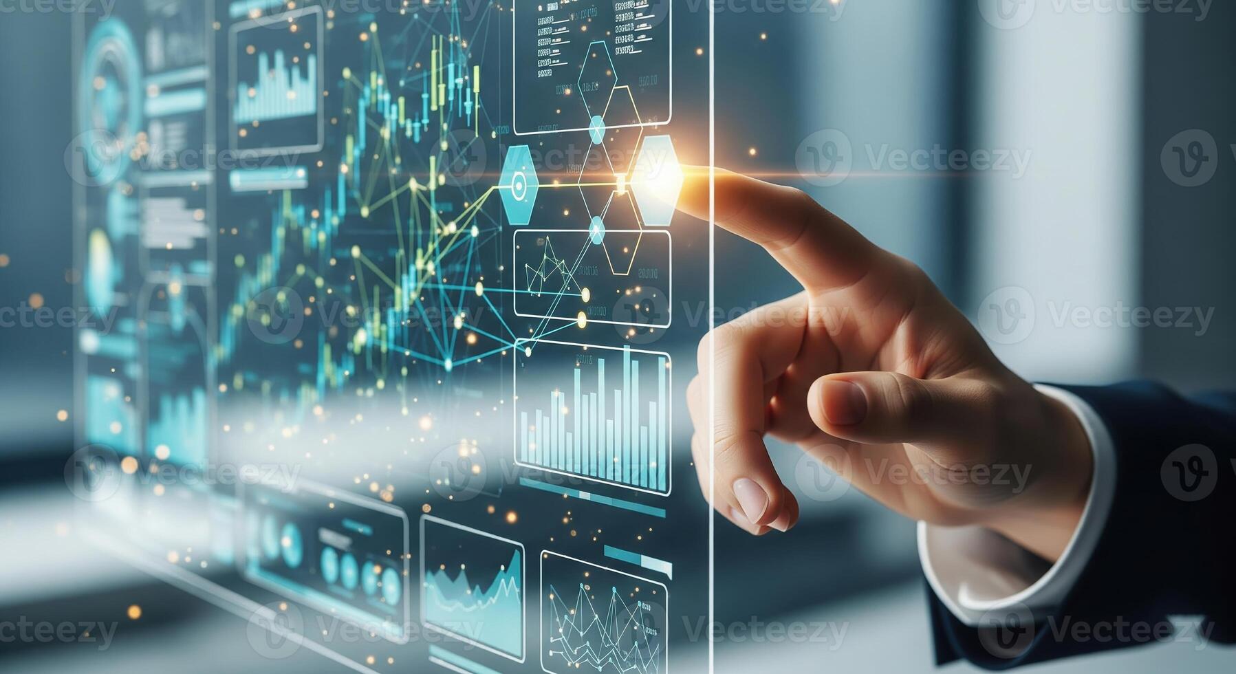 Hand Touching Futuristic Data Interface with Glowing Charts. photo